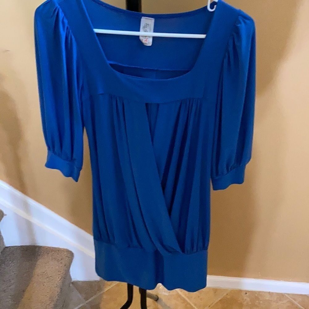Long Blue Shirt with Open V in the middle